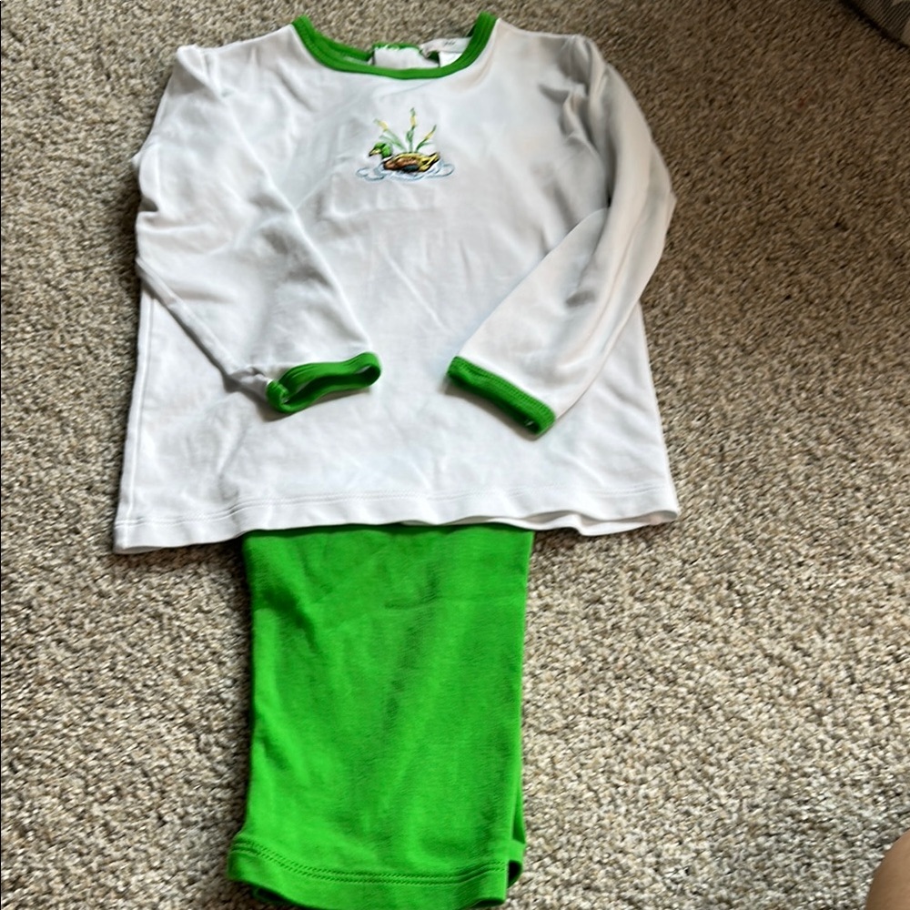 Baby Loren Green and White Shirt and Pants Set with Embroidered Duck